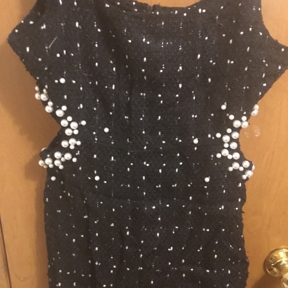 Black Texture Tweed Weave Cutout Mini Dress With Faux Pearls L - Picture 14 of 16
